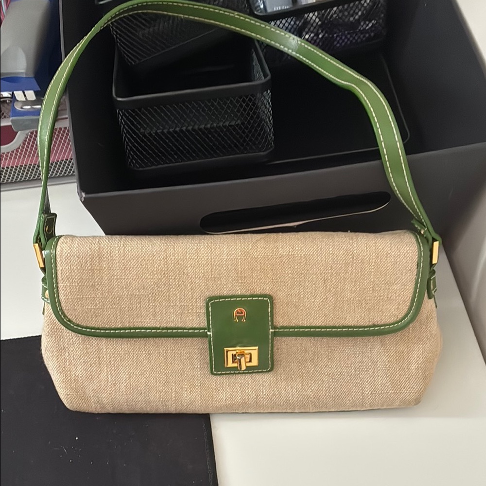 Etienne Aigner Green and Tan Shoulder Bag